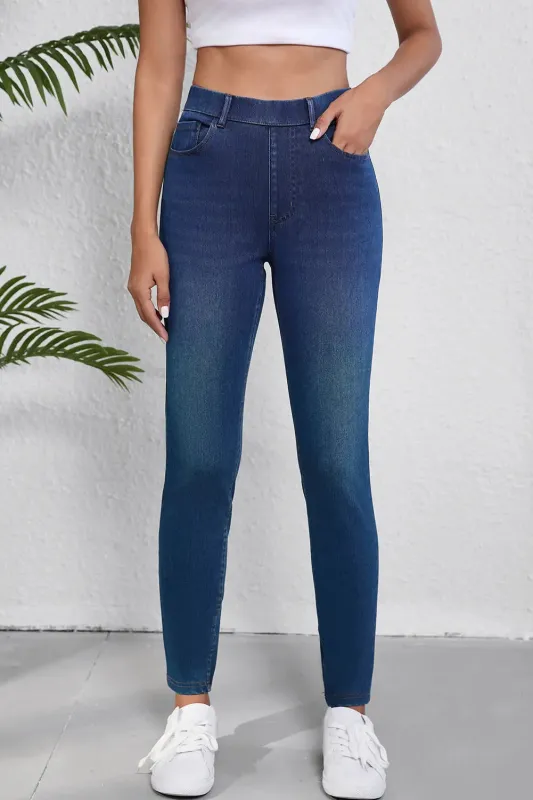 Ashleigh Blue Multiple Pockets Straight Leg Washed Stretchy Knit Casual Jeans sold by eAura
