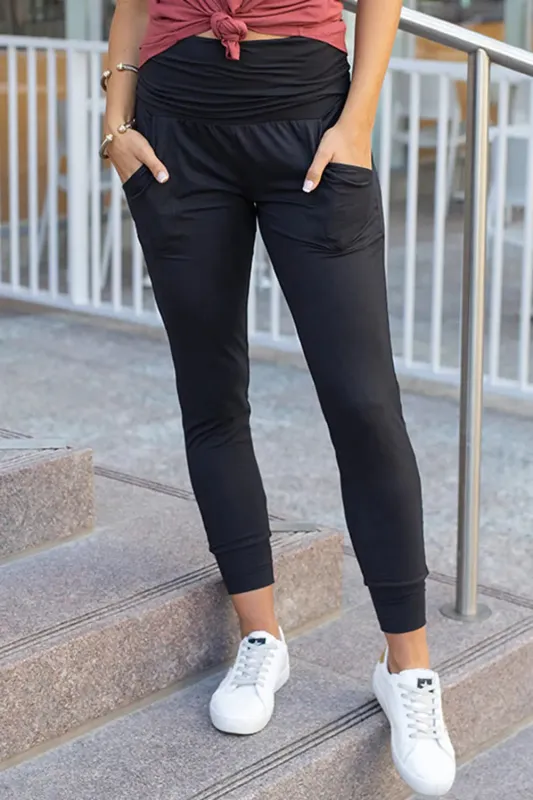 Black High Waist Pleated Pocket Leggings sold by eAura