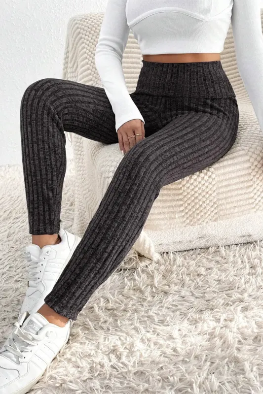 Dark Grey Wide Waistband Ribbed Textured Knit Leggings sold by eAura