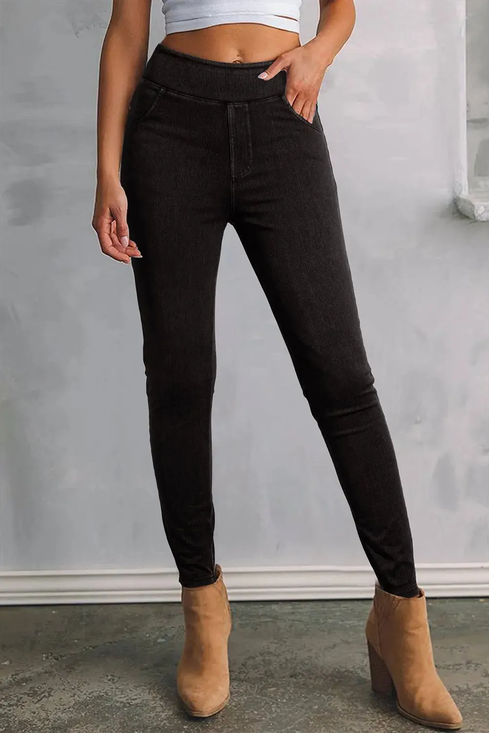Black Solid Colour High Waist Stretchy Slim Fit Jeggings sold by eAura