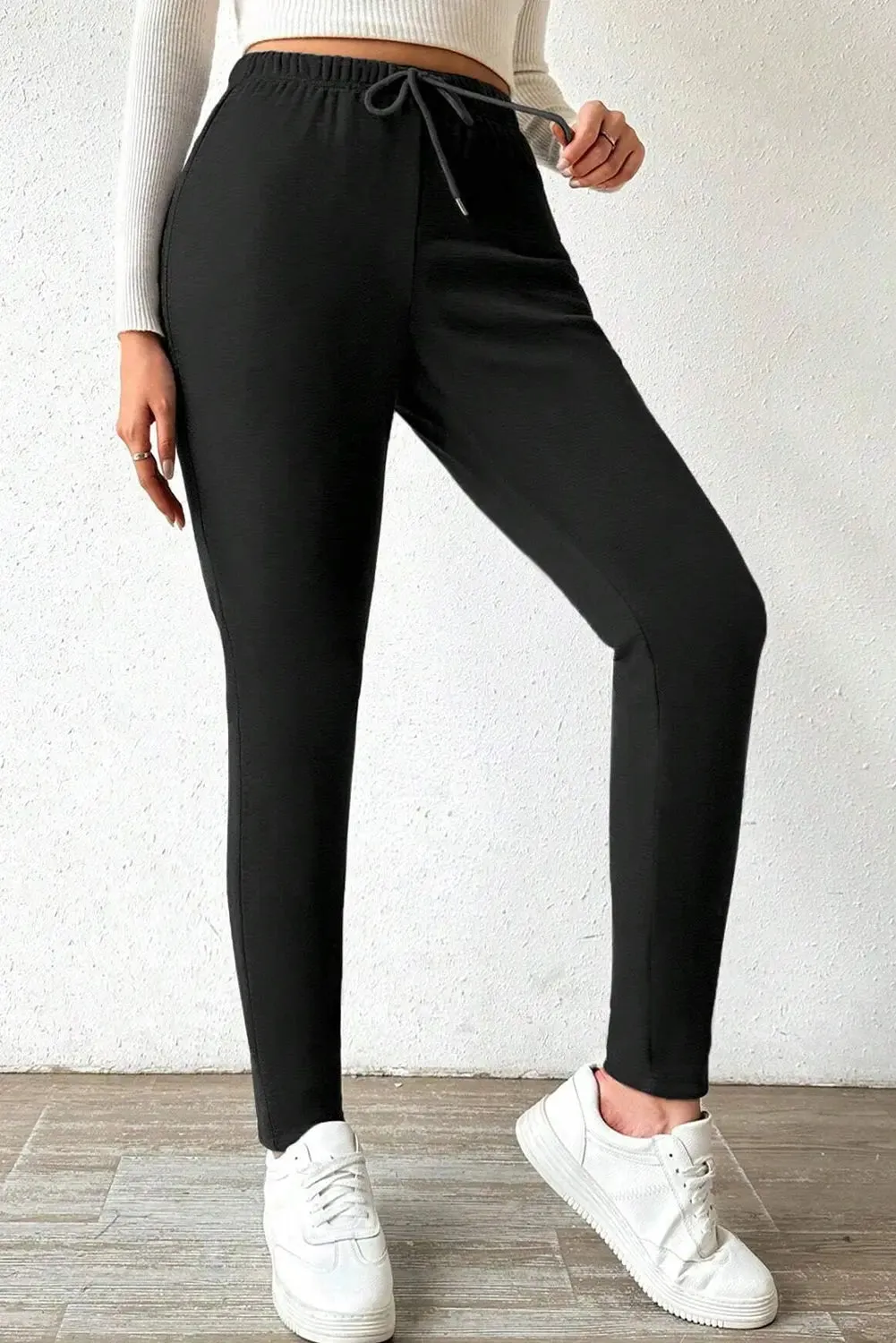 Black Thermal Lined Drawstring High Waist Leggings sold by eAura product image thumbnail 3