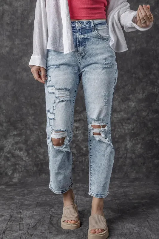 Sky Blue Light Wash Frayed Slim Fit High Waist Jeans sold by eAura