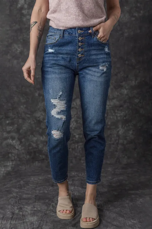 Blue Distressed Button Fly High Waist Skinny Jeans sold by eAura