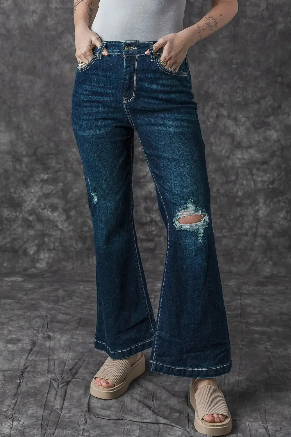 Real Teal High Rise Ripped Bell Bottom Jeans sold by eAura product image thumbnail 5