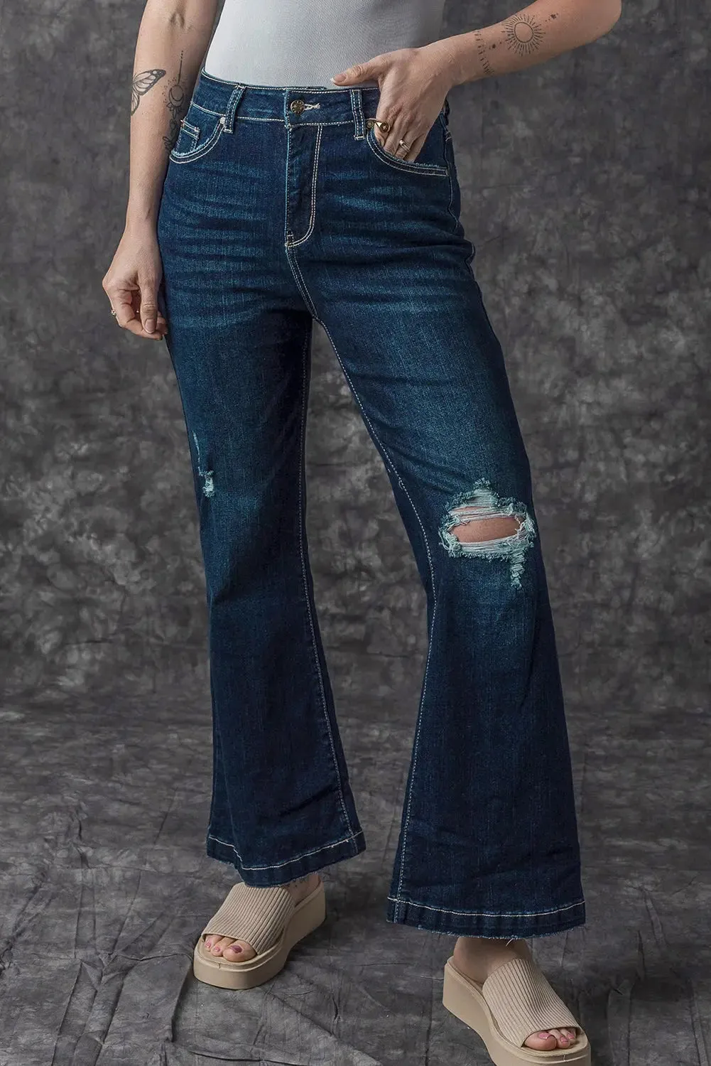 Real Teal High Rise Ripped Bell Bottom Jeans sold by eAura product image thumbnail 4