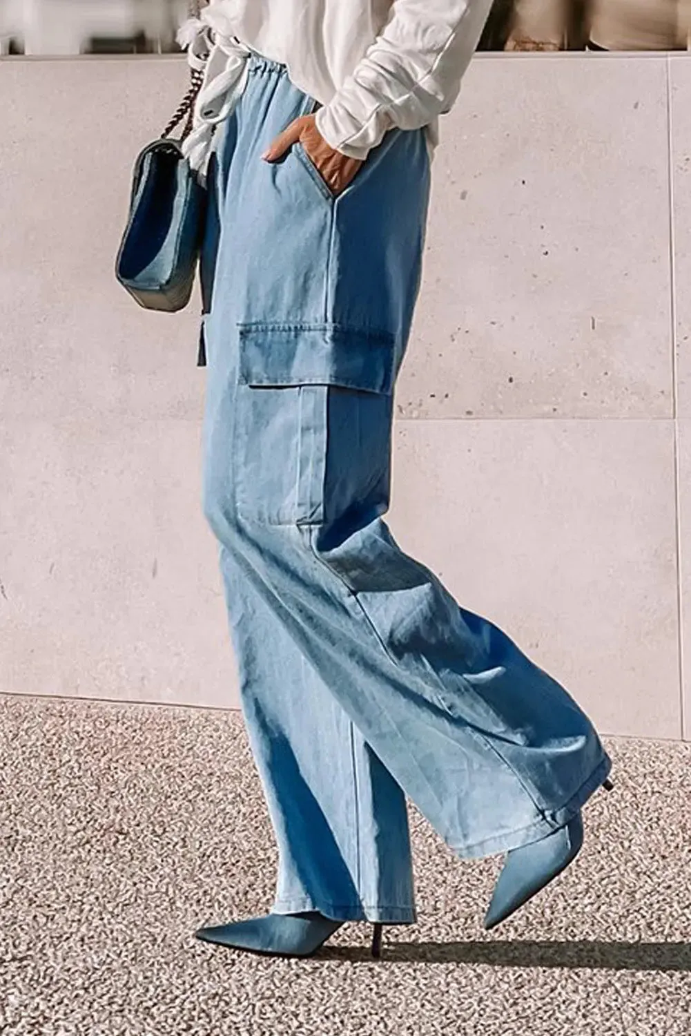 Sky Blue Drawstring High Waist Cargo Pocket Wide Leg Jeans sold by eAura product image thumbnail 2