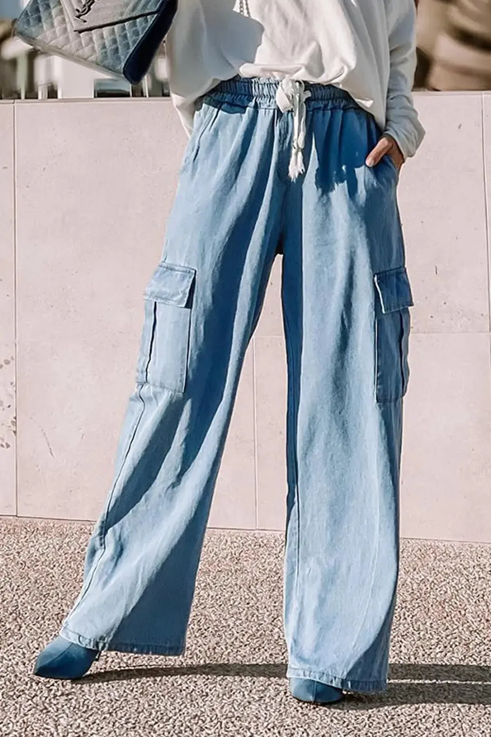 Sky Blue Drawstring High Waist Cargo Pocket Wide Leg Jeans sold by eAura product image thumbnail 4