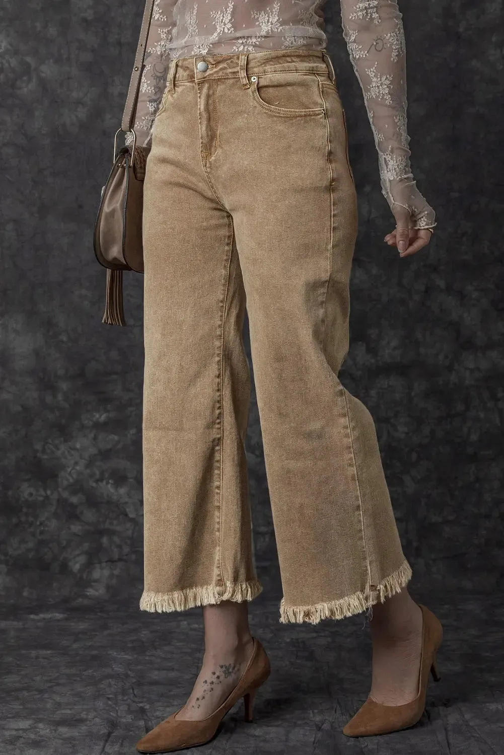 Light French Beige Acid Washed High Rise Cropped Wide Leg Jeans sold by eAura product image thumbnail 3