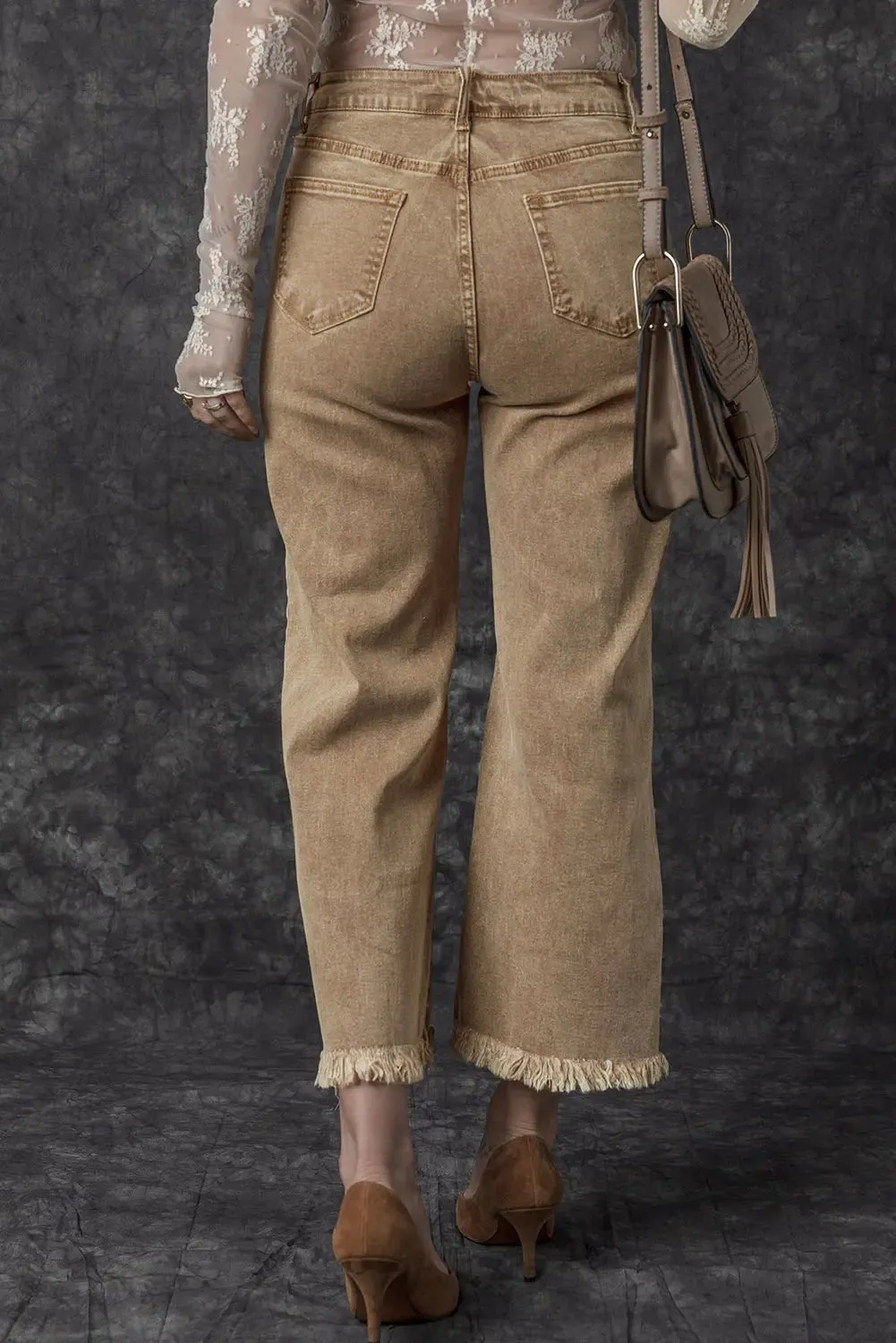 Light French Beige Acid Washed High Rise Cropped Wide Leg Jeans sold by eAura product image thumbnail 2