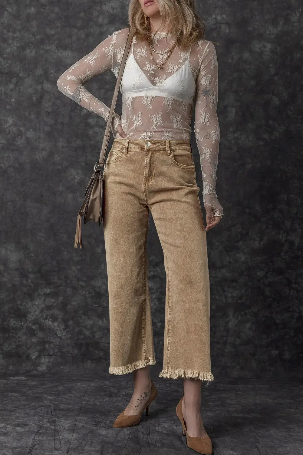 Light French Beige Acid Washed High Rise Cropped Wide Leg Jeans sold by eAura product image thumbnail 5