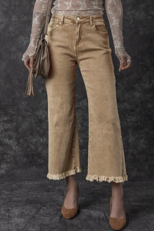 Light French Beige Acid Washed High Rise Cropped Wide Leg Jeans sold by eAura