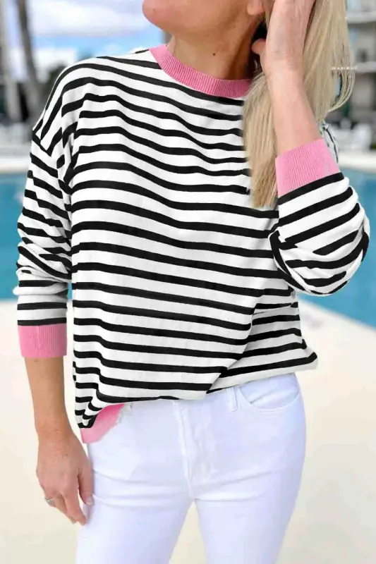 Black Striped Contrast Edge Long Sleeve Top sold by eAura