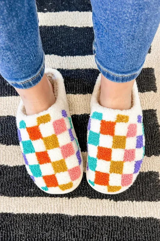 White Vibrant Checkered Plush Thermal Slippers sold by eAura