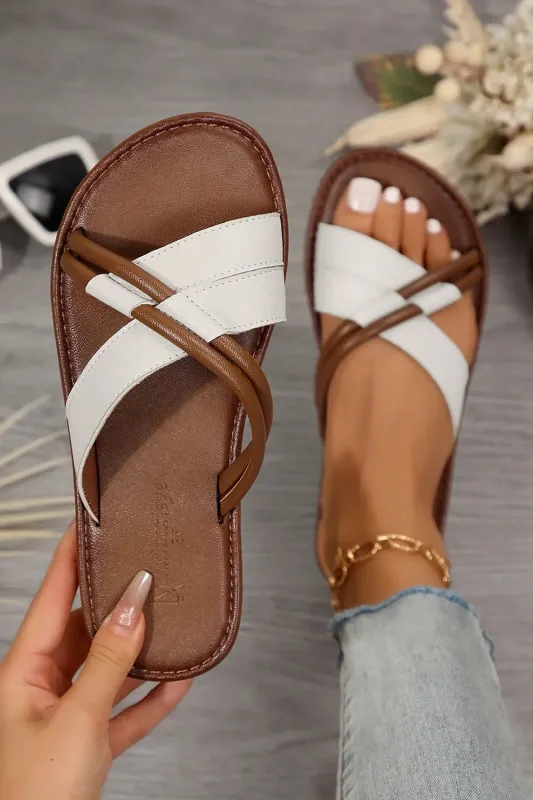 White Criss Cross PU Leather Flat Sandals sold by eAura