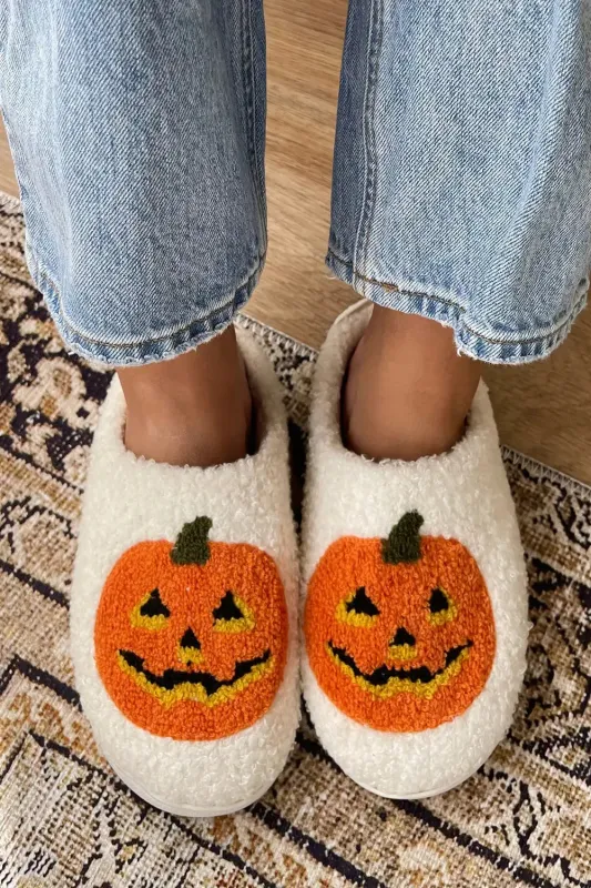 White Halloween Pumpkin Print Plush Slippers (Runs Small, Size Up) sold by eAura