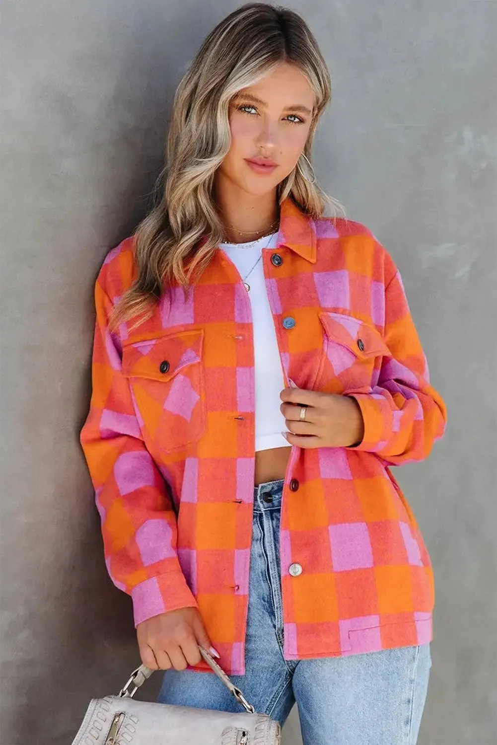 Orange Plaid Chest Pockets Button-up Turn Down Collar Jacket sold by eAura product image thumbnail 5