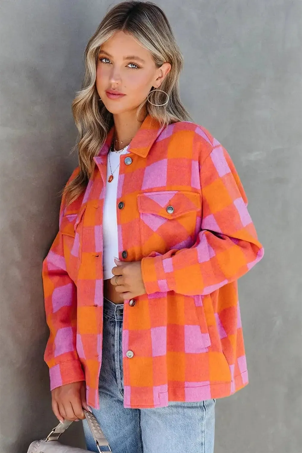 Orange Plaid Chest Pockets Button-up Turn Down Collar Jacket sold by eAura product image thumbnail 4