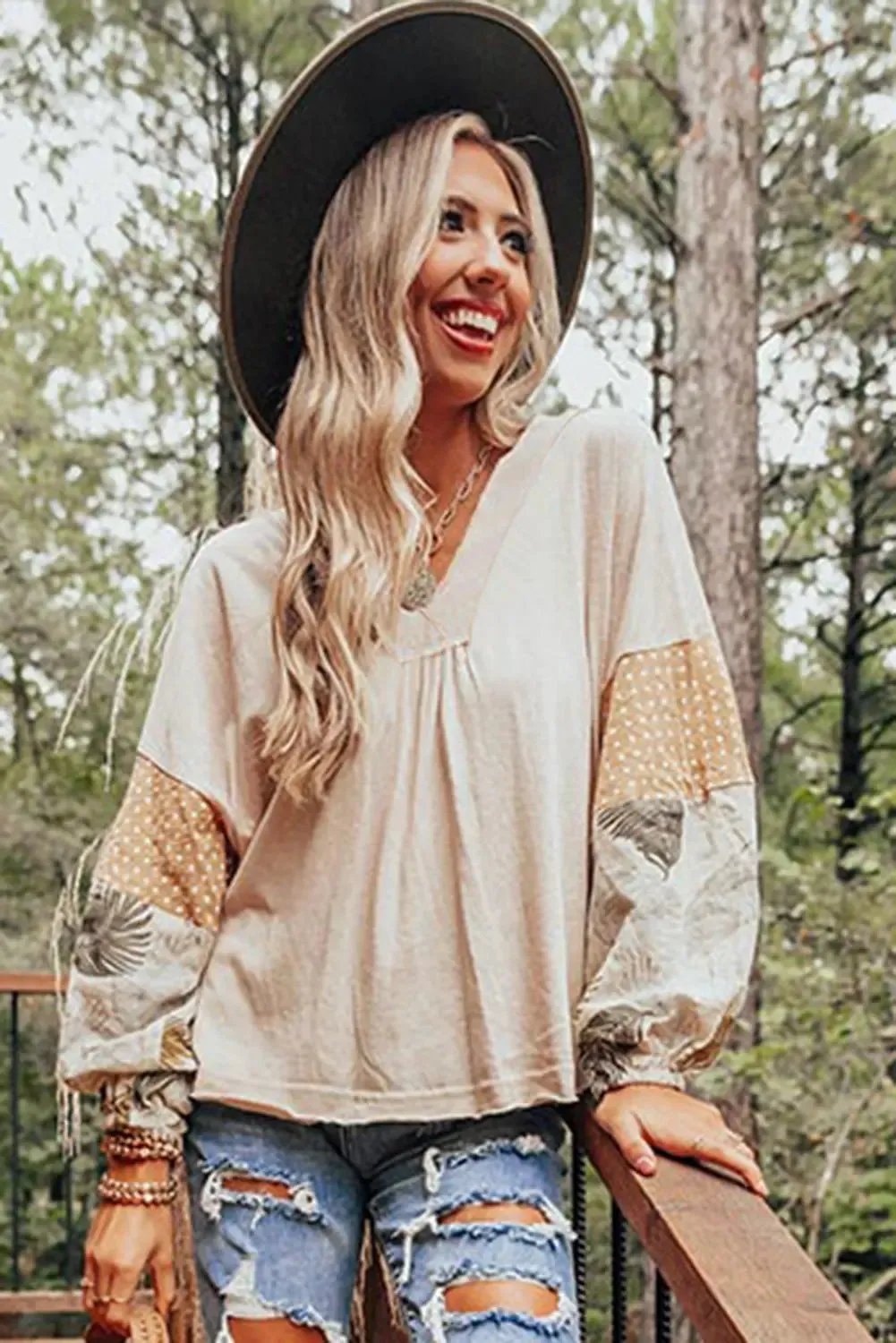 Jet Stream Palm Leaves Polka Dot Puff Sleeve Patchwork V Neck Loose Blouse sold by eAura product image thumbnail 5