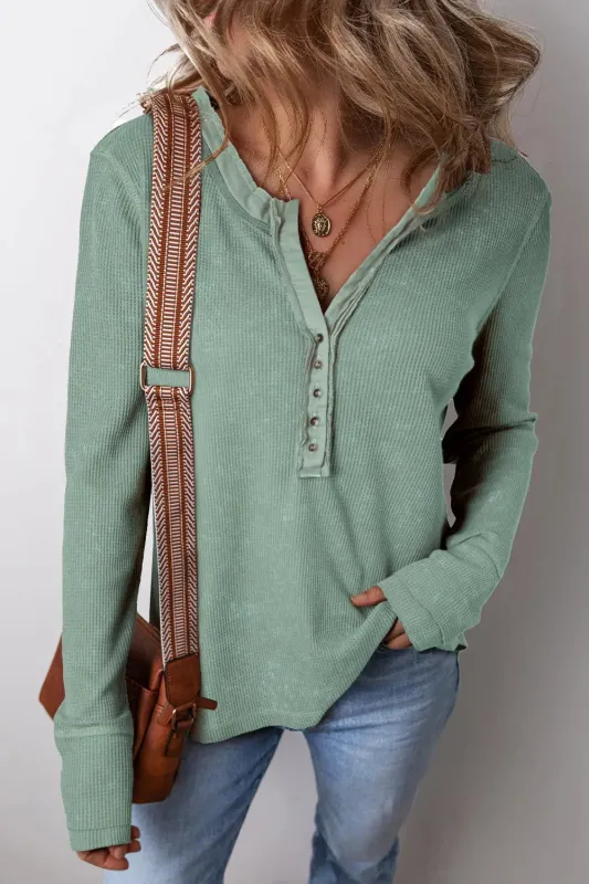 Smoke Green Acid Wash Waffle Knit Buttoned Neckline Long Sleeve Top sold by eAura