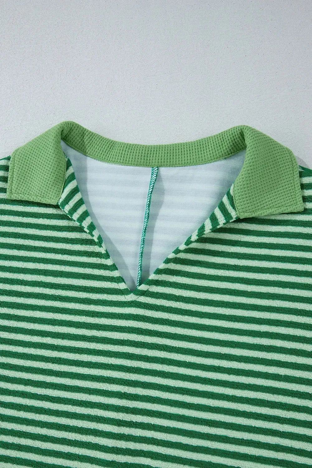 Green Stripe Turn-Down V Neck Patchwork Loose Top sold by eAura product image thumbnail 5