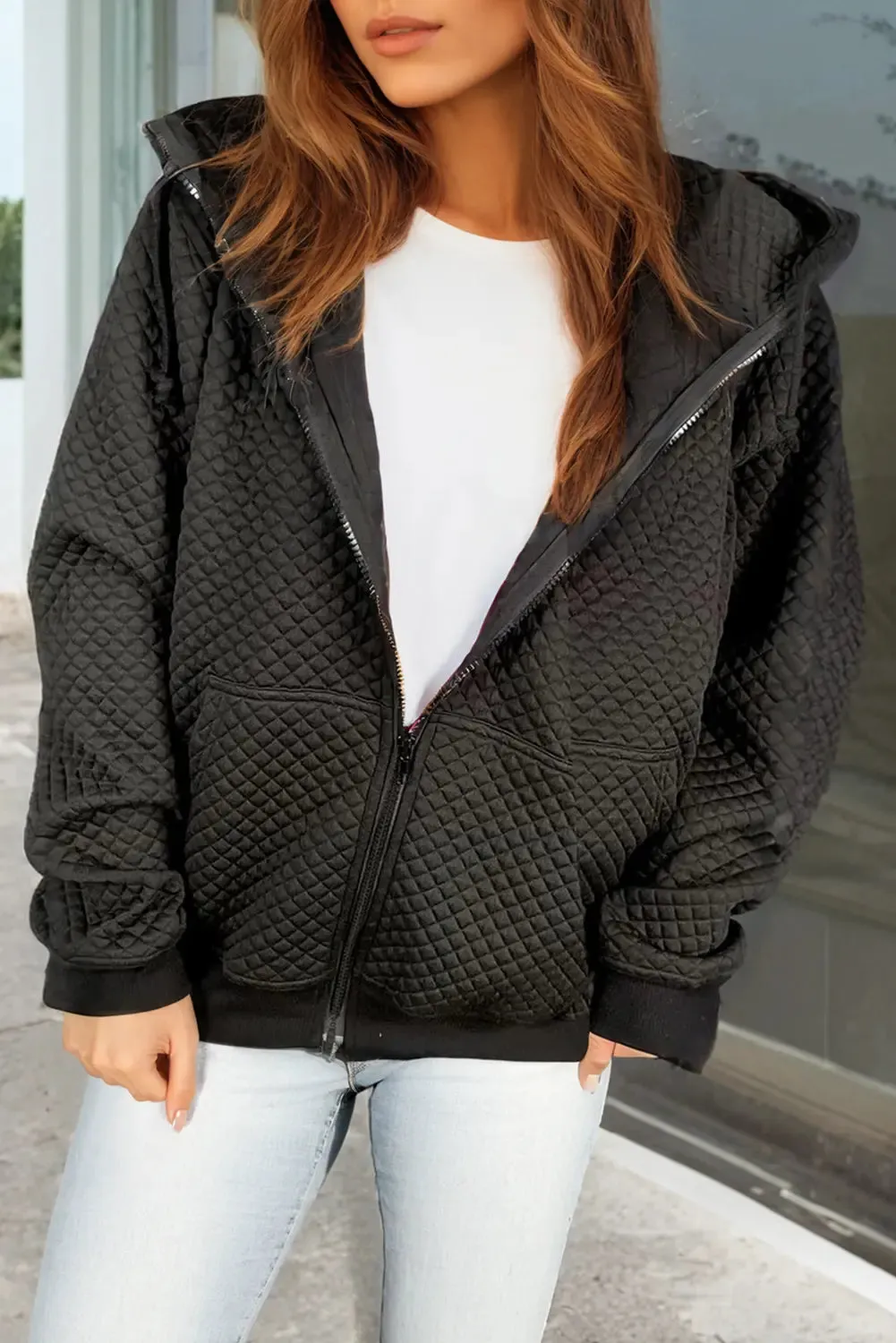 Black Quilted Side Pockets Zipper Hooded Jacket sold by eAura
