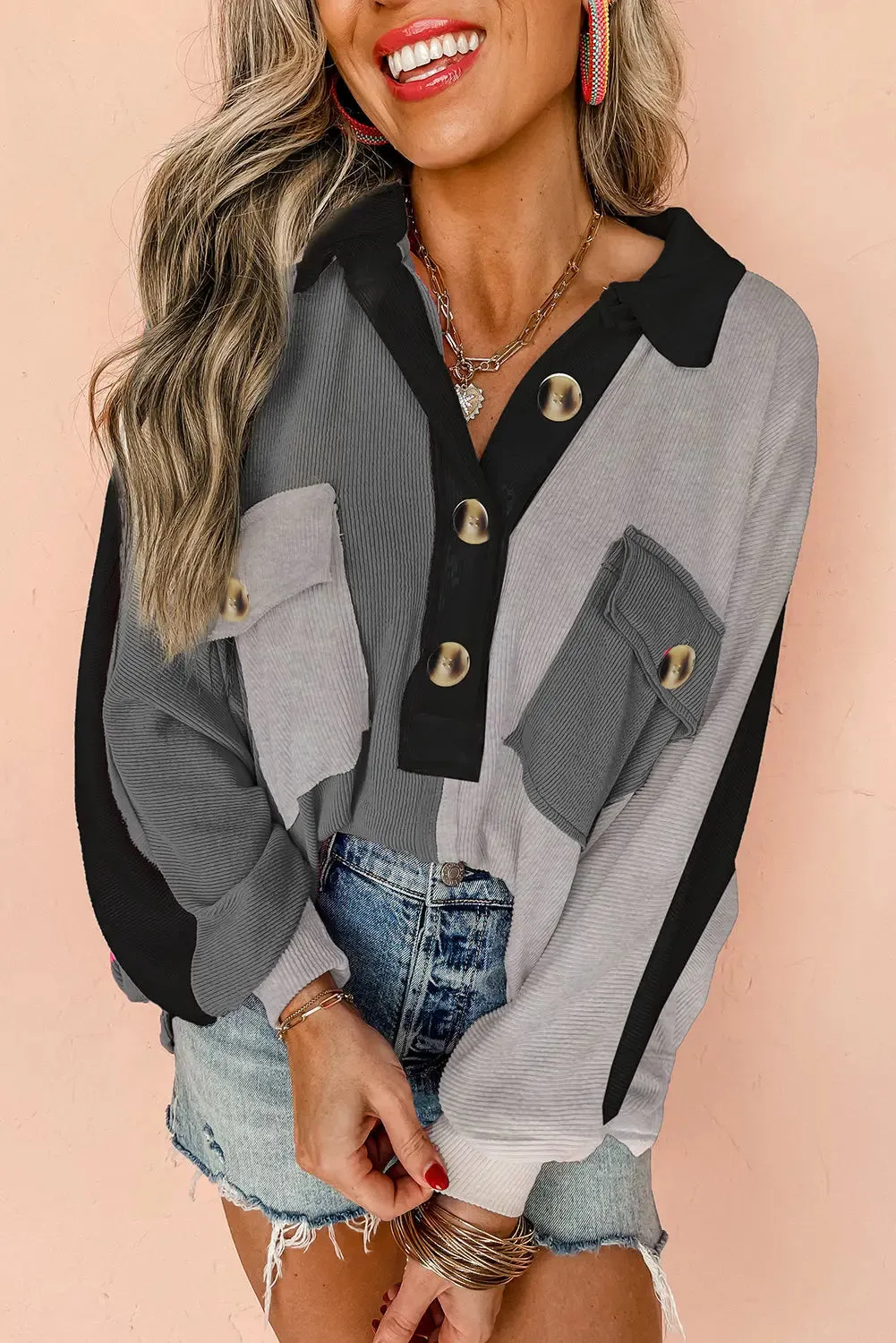 Grey Colourblock Ribbed Collared Oversized Sweatshirt sold by eAura product image thumbnail 3