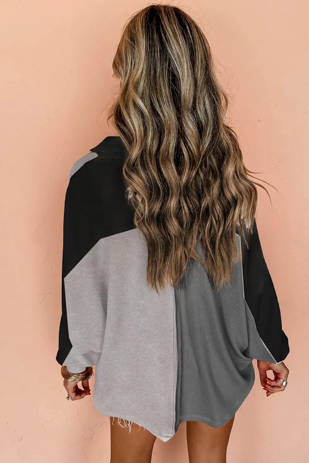 Grey Colourblock Ribbed Collared Oversized Sweatshirt sold by eAura product image thumbnail 4