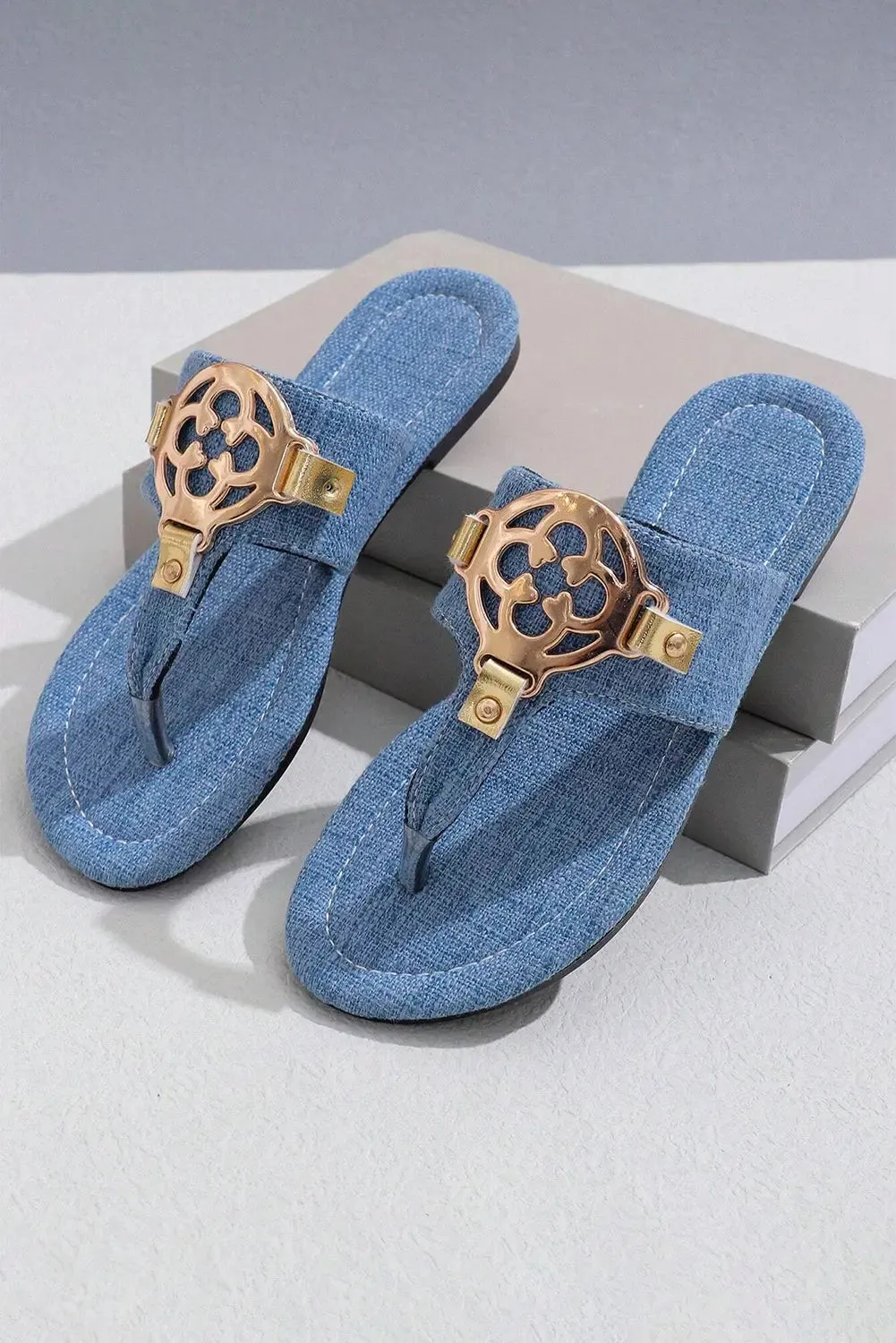 Dusk Blue Metal Decor Leather Thong Sandals sold by eAura product image thumbnail 5