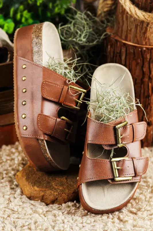Chestnut Dual Buckle Studded Platform Sandals sold by eAura