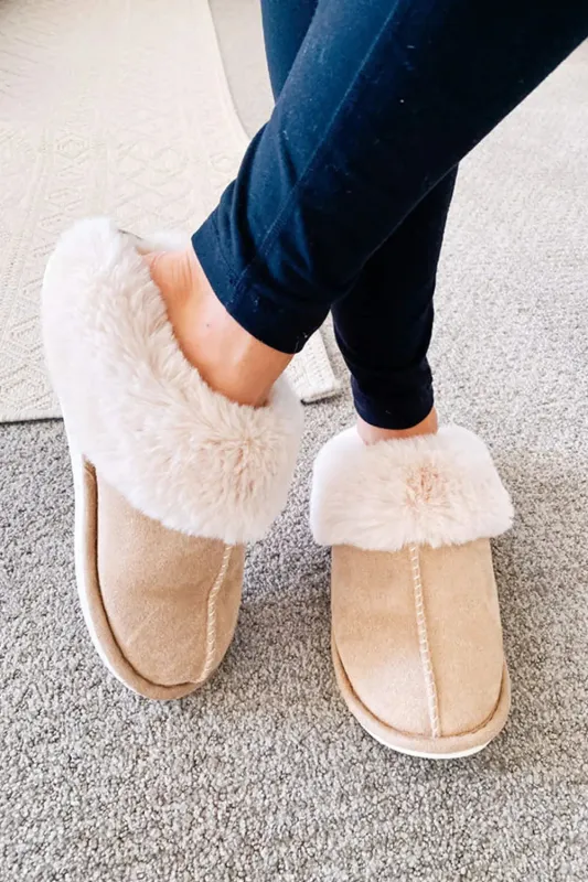 Khaki Cut and Sew Faux Suede Plush Lined Slippers sold by eAura