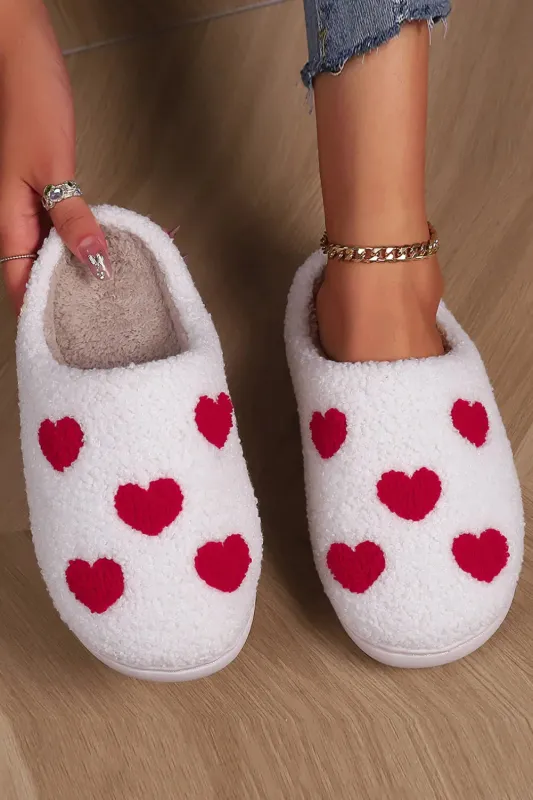 White Valentines Day Hearts Print Plush House Slippers sold by eAura