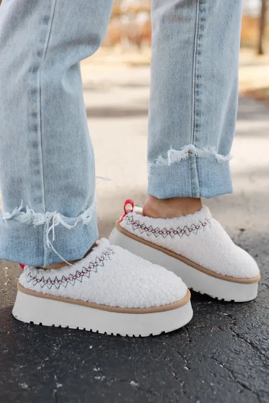 White Embroidered Sherpa Plush Thick Sole Winter Slippers sold by eAura