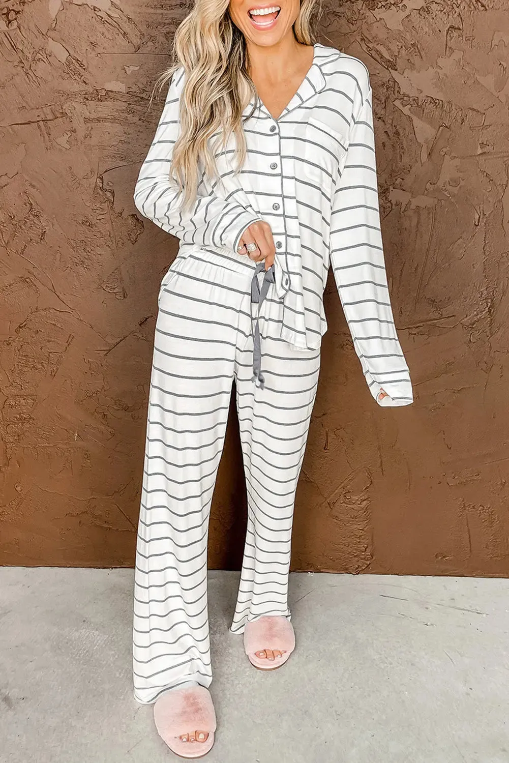 Striped Print Long Sleeve and Pants Pajamas Set sold by eAura