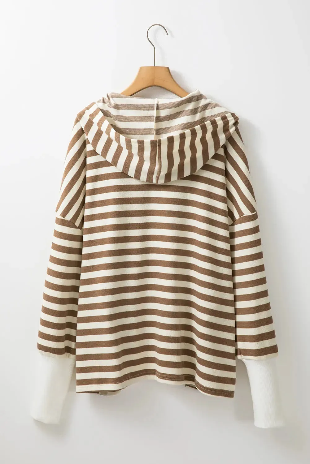 Brown Stripe Quarter Buttons Drop Sleeve Plus Size Hoodie sold by eAura product image thumbnail 2