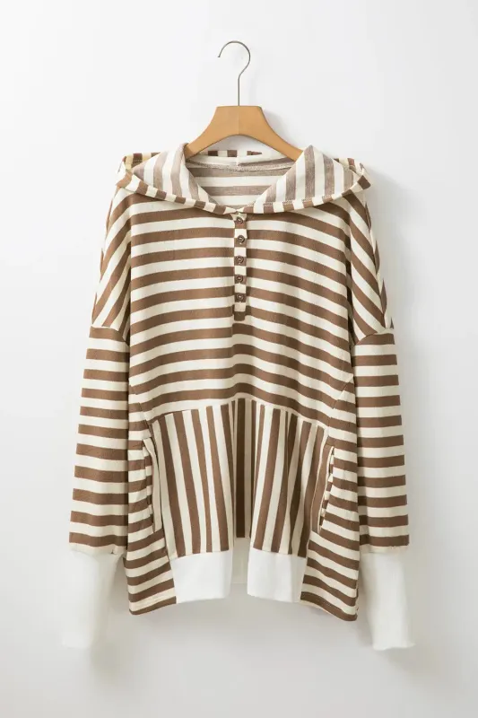 Brown Stripe Quarter Buttons Drop Sleeve Plus Size Hoodie sold by eAura