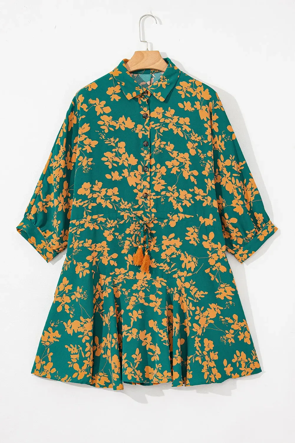 Green Floral Print Drawstring Tunic Flowy Short Dress sold by eAura product image thumbnail 5