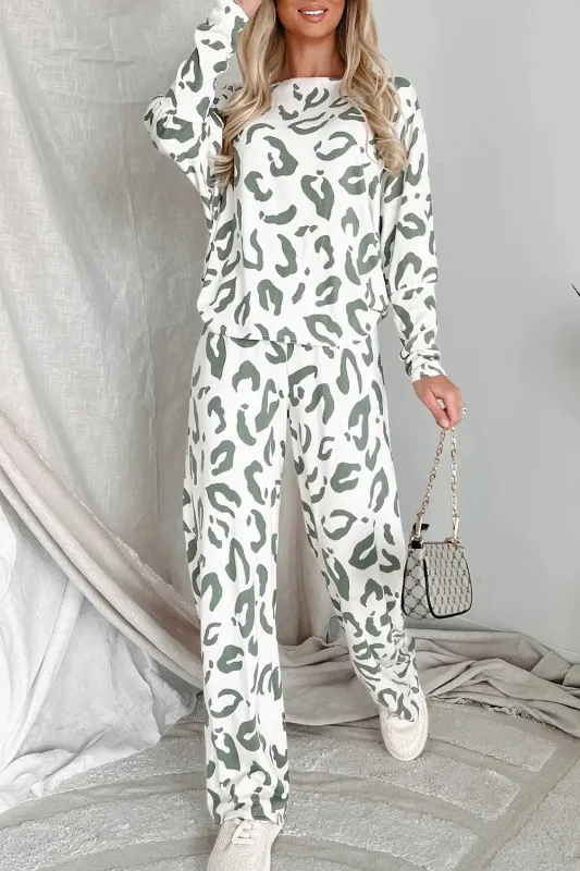 Beige Leopard Animal Print Long Sleeve and Pants Loungewear Set sold by eAura