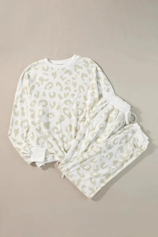 White Leopard Pullover and Drawstring Pants Lounge Set sold by eAura