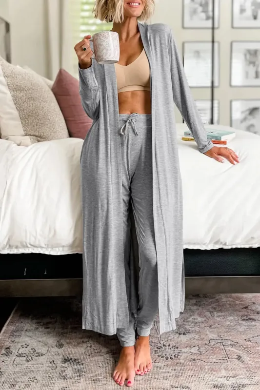 Light Grey Split Long Cardigan and Skinny Pants Lounge Set sold by eAura
