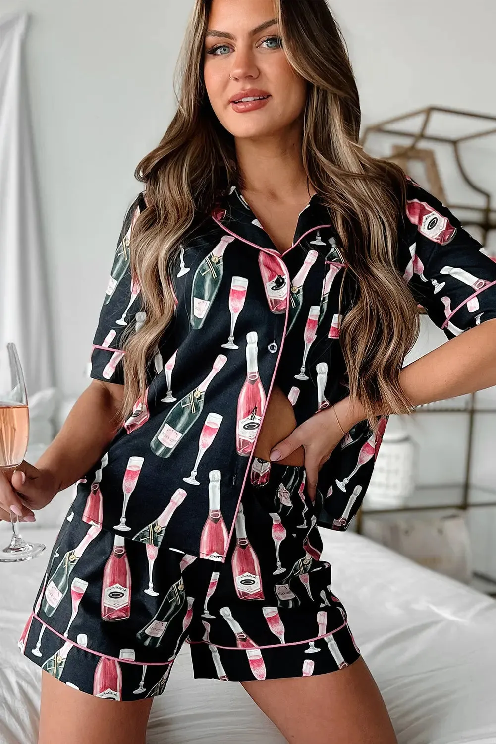 Black Champagne Print Silky Short Sleeve Pajamas Set sold by eAura product image thumbnail 5