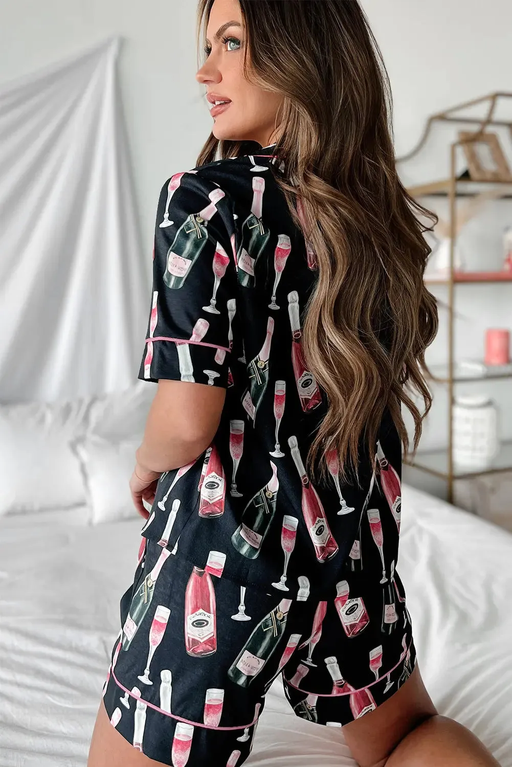 Black Champagne Print Silky Short Sleeve Pajamas Set sold by eAura product image thumbnail 2
