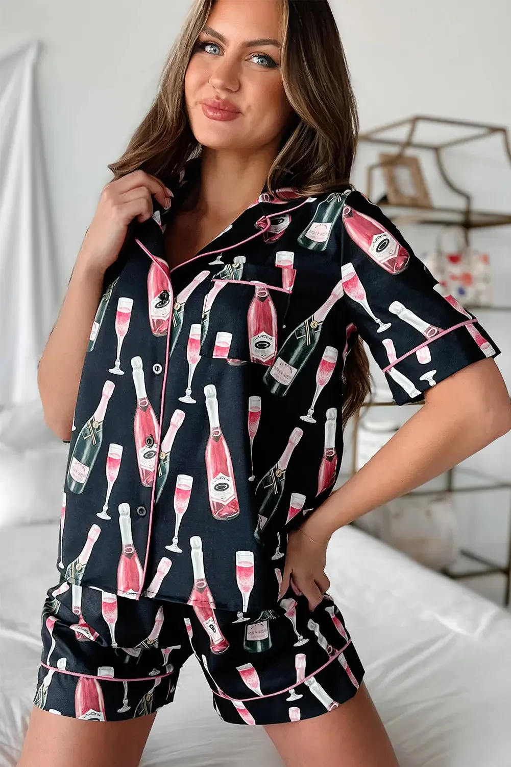 Black Champagne Print Silky Short Sleeve Pajamas Set sold by eAura product image thumbnail 4