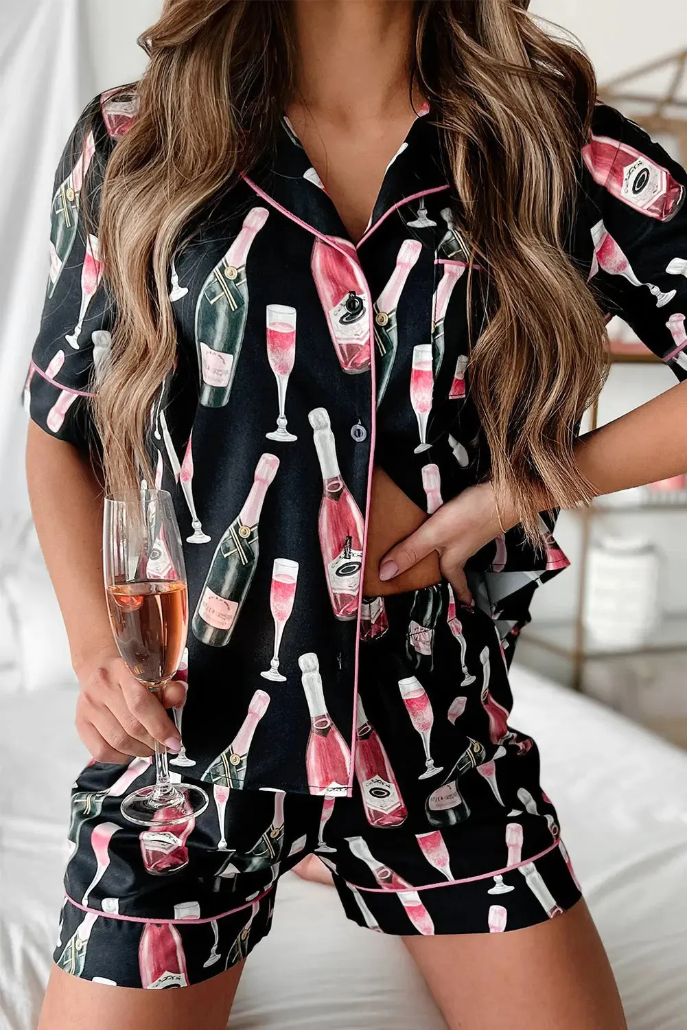 Black Champagne Print Silky Short Sleeve Pajamas Set sold by eAura