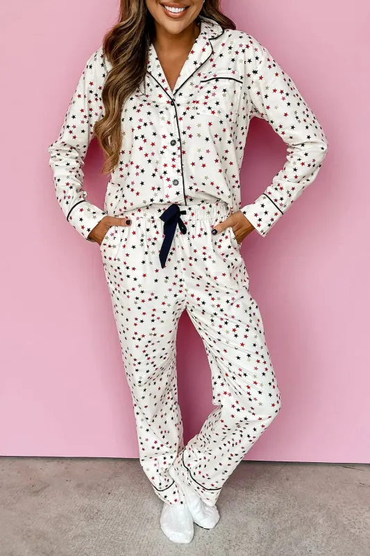 White Contrast Pipping Star Long Sleeve and Pants Pajamas Set sold by eAura