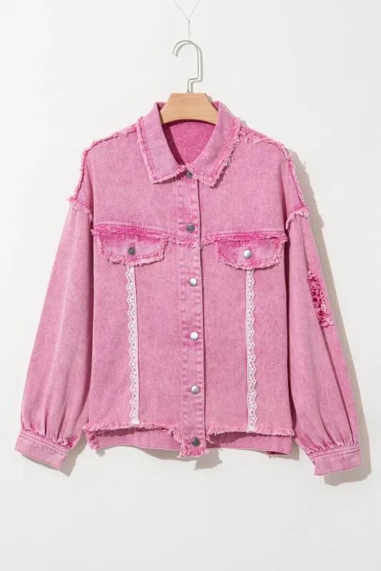 Pink Lace Patchwork Distressed Buttoned Denim Jacket sold by eAura