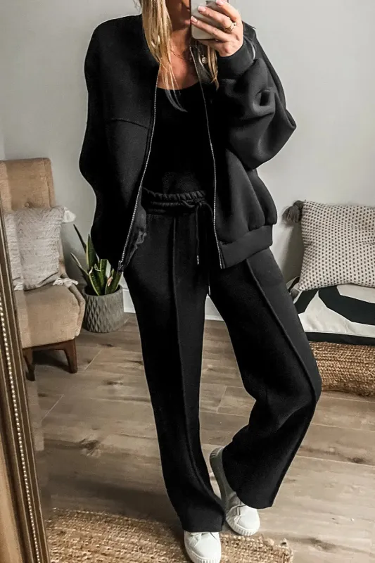 Black Solid Seamed Zipper Jacket and Drawstring Waist Pants Set sold by eAura