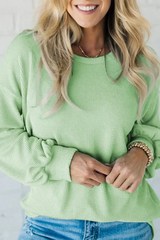 Moonlight Jade Solid Cord Ribbed Drop Shoulder Pullover Top sold by eAura
