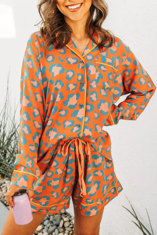 Orange Leopard Print Long Sleeve Shirt and Shorts Pajama Set sold by eAura