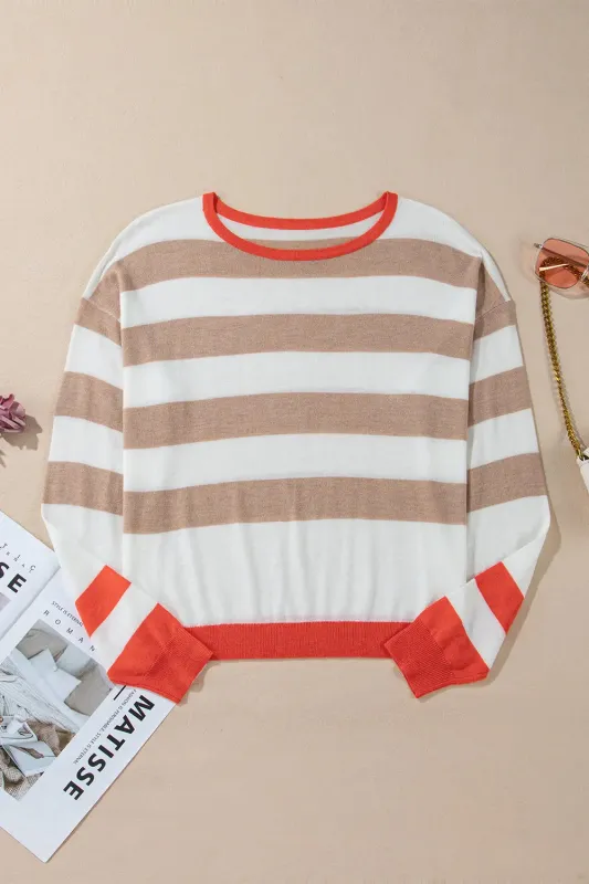 Apricot Colourblock Striped Round Neck Drop Shoulder Sweater sold by eAura
