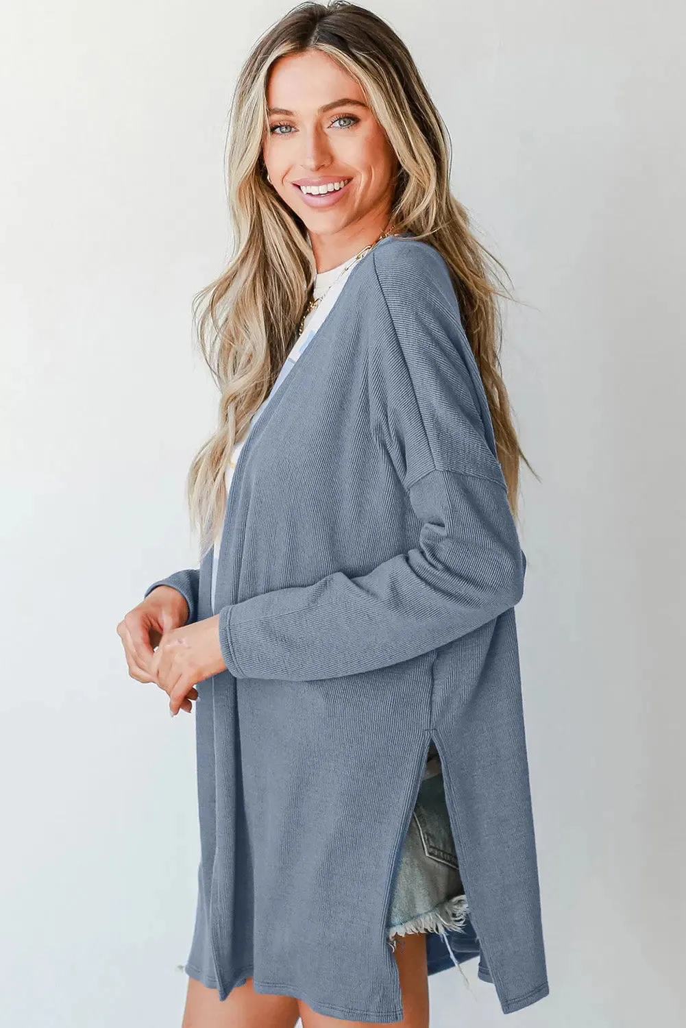 Ashleigh Blue Solid Color Rib Knit Open Front Tunic Cardigan sold by eAura product image thumbnail 3